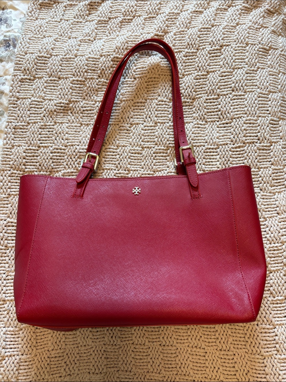 Tory Burch Cherry Red Leather Tote with Gold Hardware